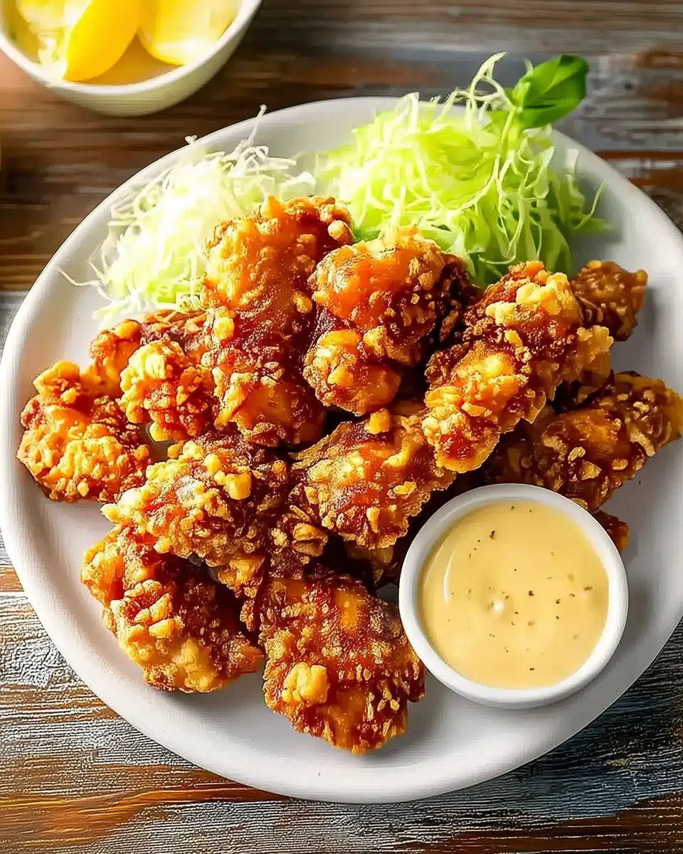 Crispy karaage chicken with dipping sauce and shredded cabbage on a white plate