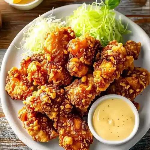 Crispy karaage chicken with creamy dipping sauce and shredded cabbage