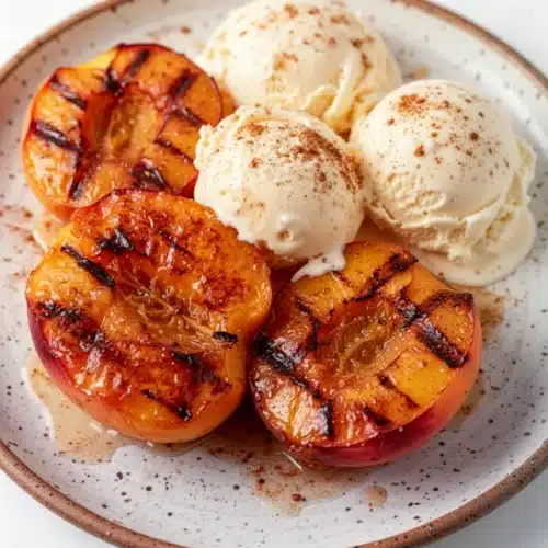 Easy air fryer grilled peaches with vanilla ice cream on a speckled plate