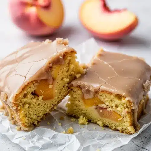 Easy brown sugar peach cake slice with glossy frosting and fresh peaches