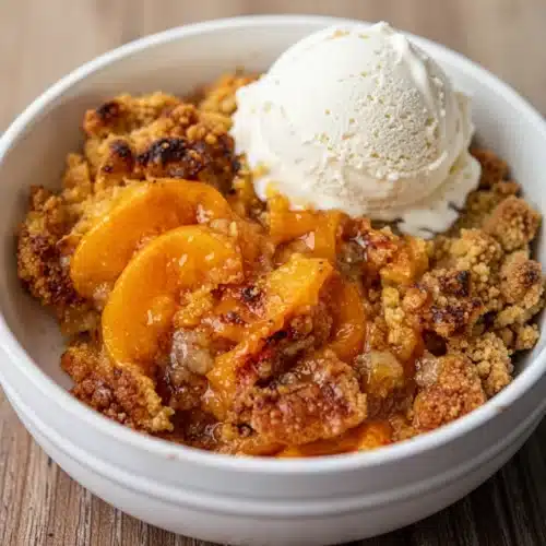 Easy homemade peach crisp with golden topping and vanilla ice cream