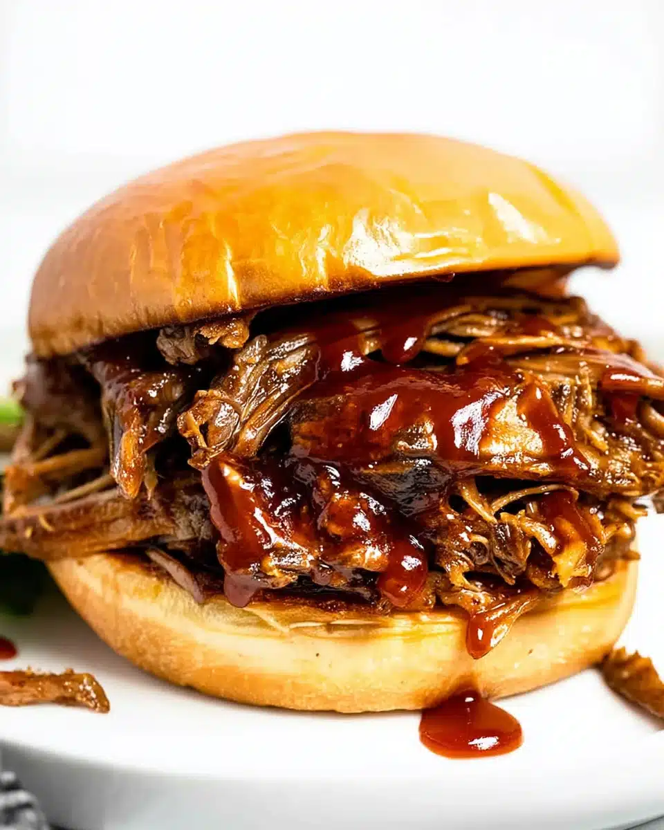 Easy instant pot BBQ pulled pork burger on a brioche bun with sauce dripping