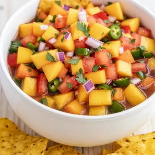 Easy Mango Peach Salsa Recipe: Refreshing and Vibrant Delight 2 Easy mango peach salsa in a white bowl with tortilla chip, fresh fruit and herbs