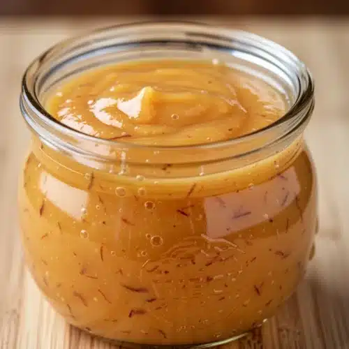 Glass jar of easy peach butter with spoon on wooden table