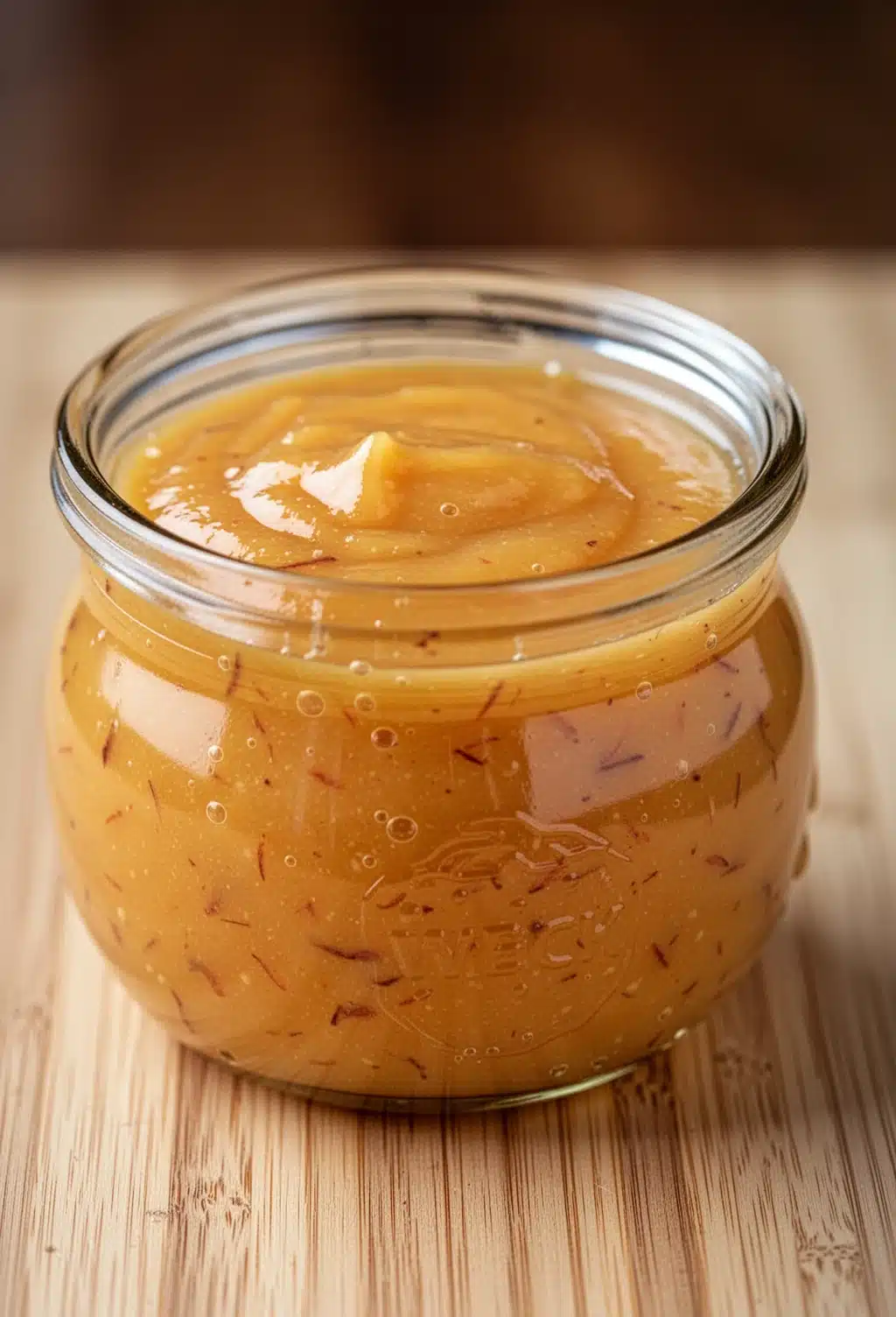 Glass jar of easy peach butter with spoon on wooden table