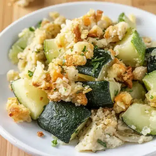 Easy zucchini squash casserole with crispy topping and fresh herbs
