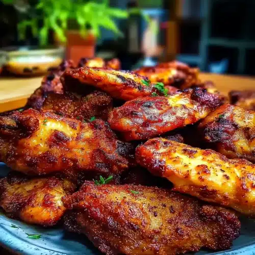 Extra crispy baked wings on a blue plate, golden and seasoned, garnished with herbs
