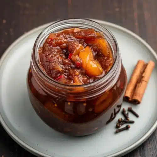 Fresh peach chutney in a glass jar with a spoon, surrounded by peaches and spices