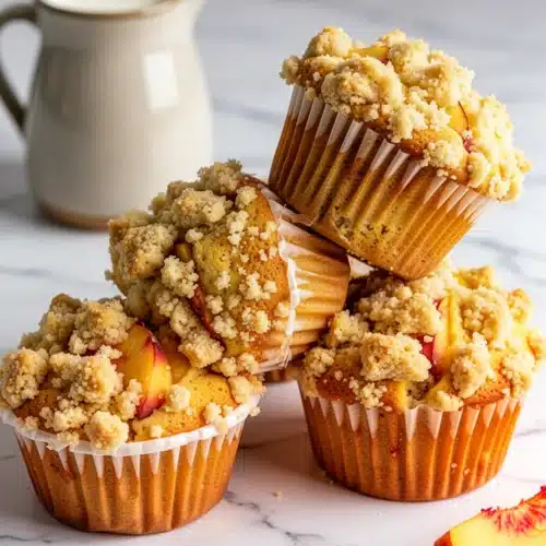 Fresh peach muffins with crumble topping, golden and moist, served with milk