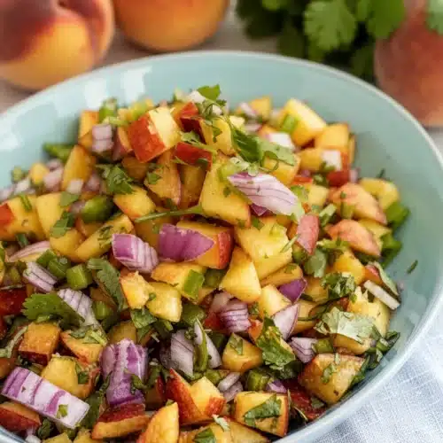 Fresh peach salsa with diced peaches, red onions, and cilantro in a bowl with a wooden spoon