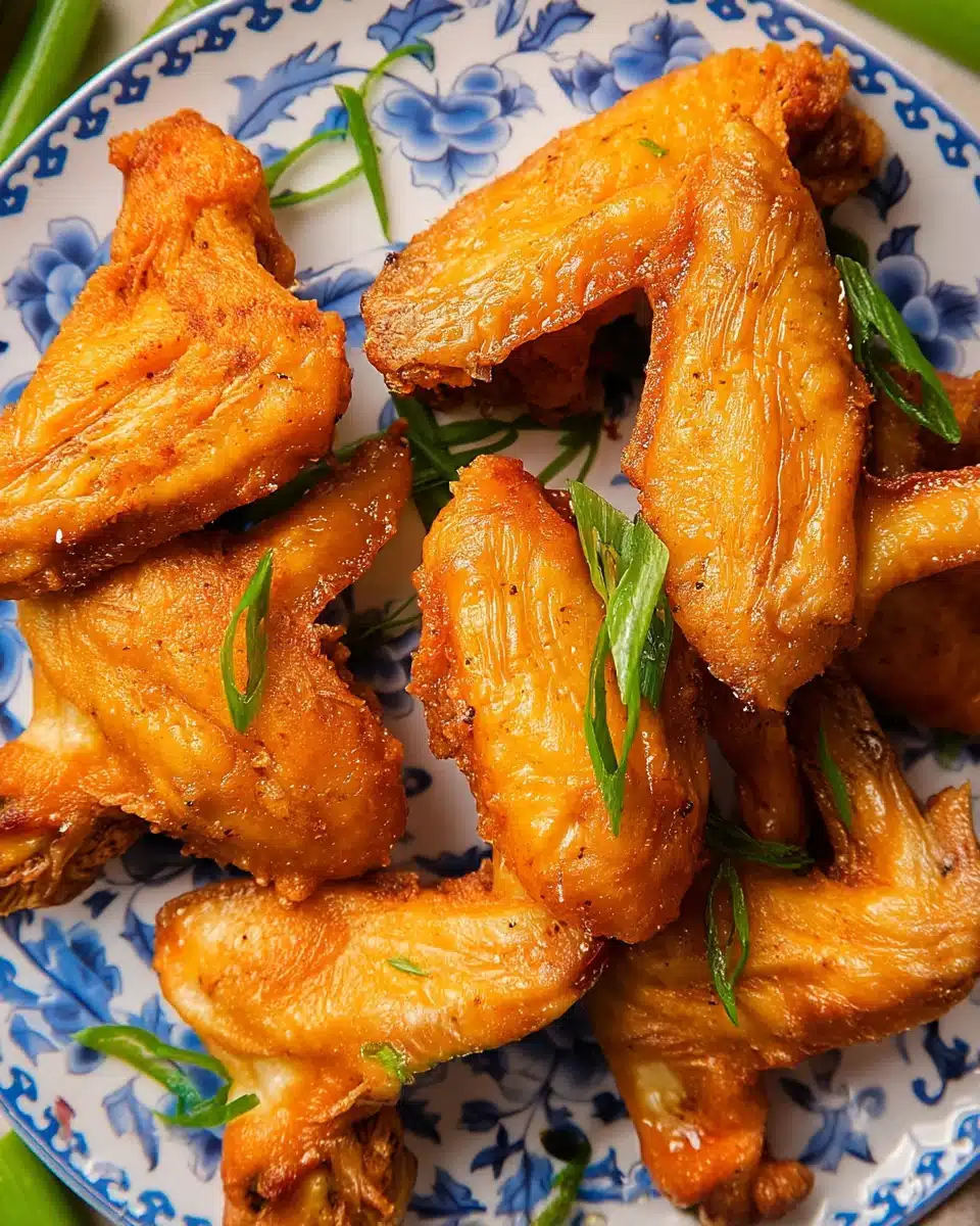 Crispy fried chicken wings (Chinese restaurant style) on a blue and white plate with green onions