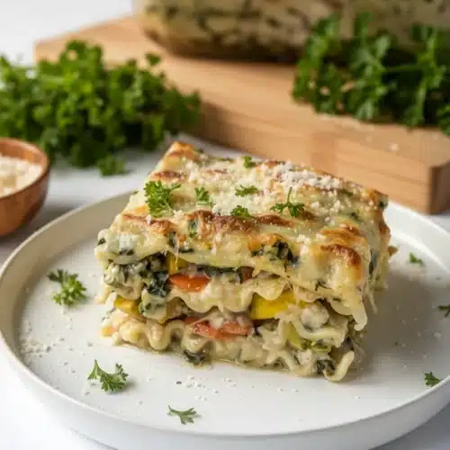 A slice of garden lasagna with vibrant vegetables and creamy cheese layers on a white plate