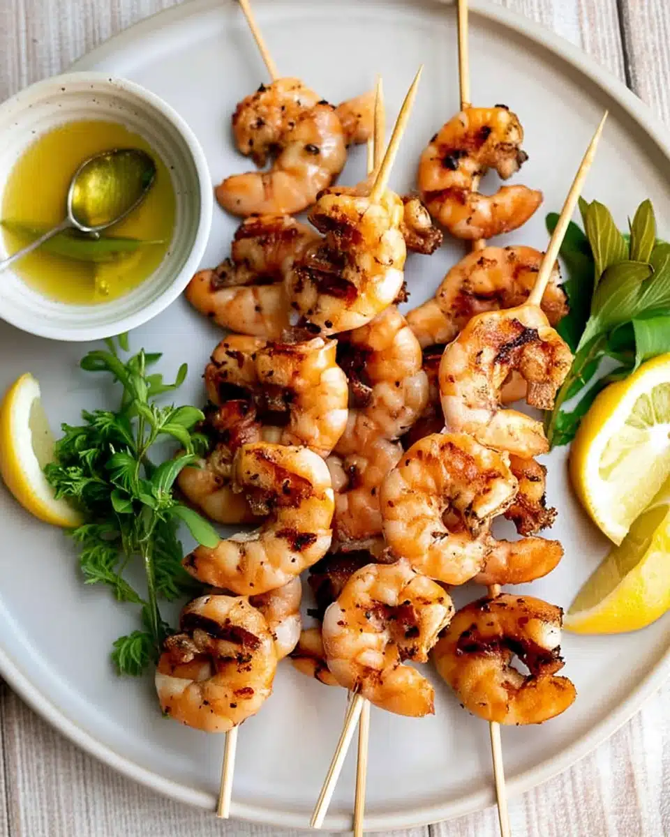 Grilled garlic shrimp skewers with lemon and herbs on a plate