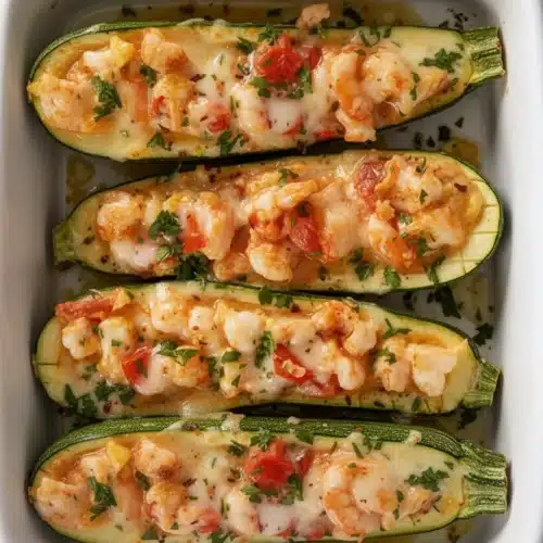Garlicky shrimp zucchini boats with melted cheese and herbs