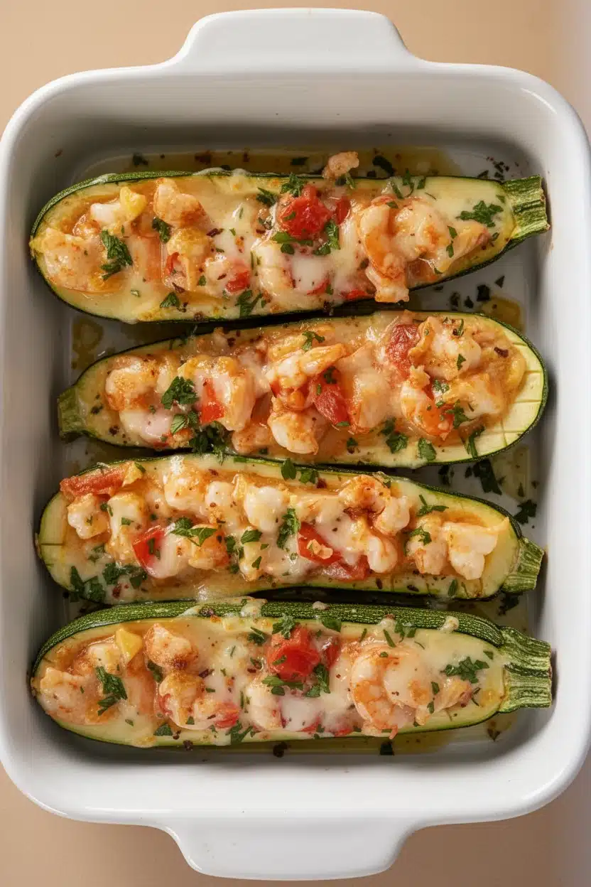 Garlicky shrimp zucchini boats with melted cheese and herbs