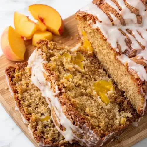 Delicious Glazed Peach Bread Recipe for Everyone 2 Slices of glazed peach bread with fresh peaches on a wooden board