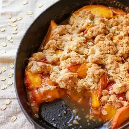 Gluten-free vegan peach cobbler in cast iron skillet with fresh peaches and oats