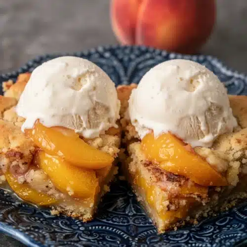 Gramma's peach cobbler with vanilla ice cream on a blue plate