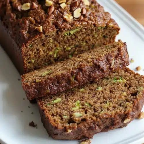 Moist Greek yogurt zucchini bread with nuts on a white plate