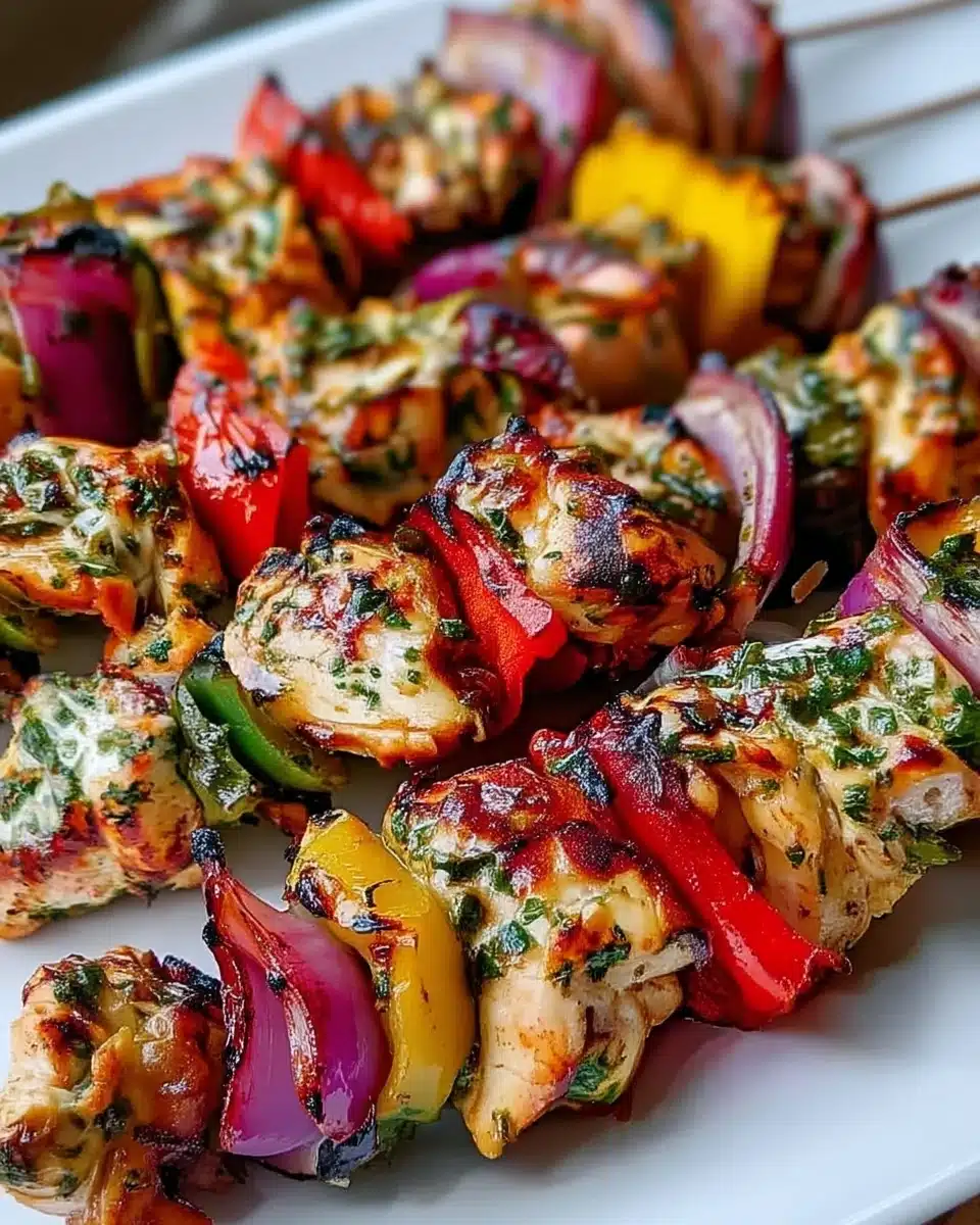 Grilled chicken skewers with bell peppers and onions on a white plate