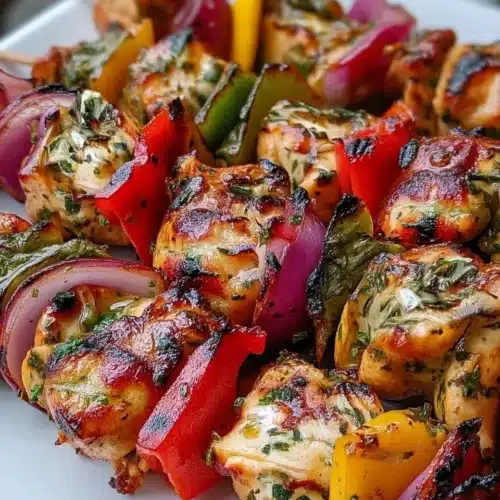 Grilled chicken skewers with bell peppers and onions on a white plate