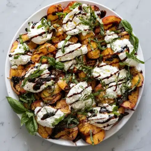 Grilled peaches and burrata salad with fresh basil and balsamic glaze