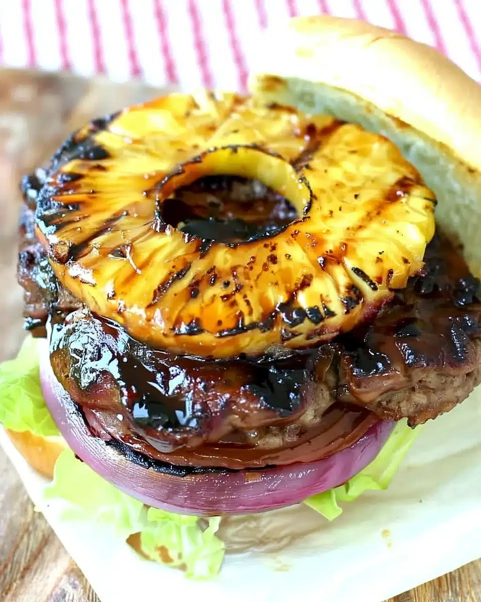 Grilled teriyaki burger with pineapple and red onion on a toasted bun