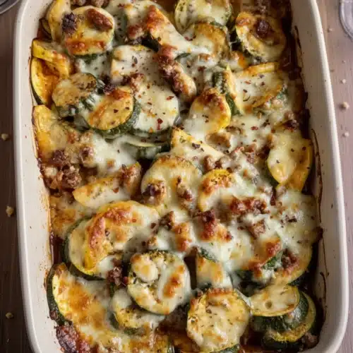 Ground beef zucchini bake with melted cheese and zucchini slices