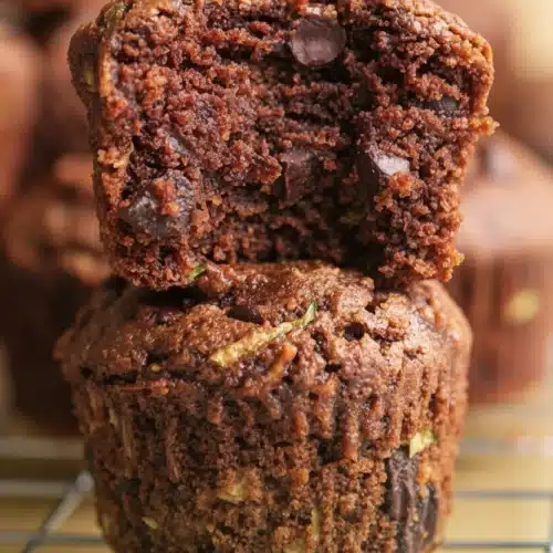 Healthy chocolate zucchini bread muffins gluten free with chocolate chips on cooling rack