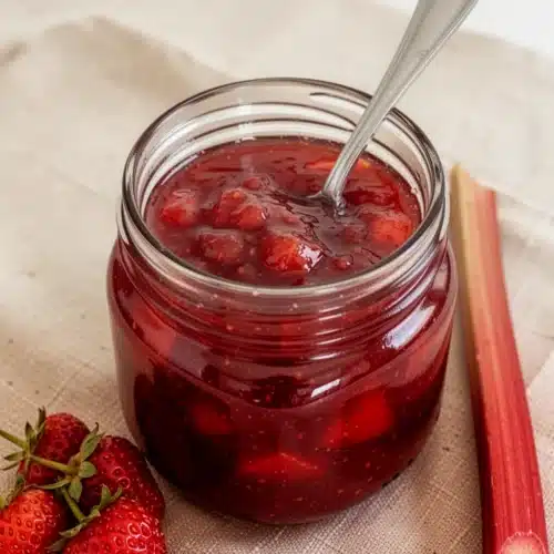 Homemade strawberry rhubarb jam with pectin in a jar with fresh fruit and mint
