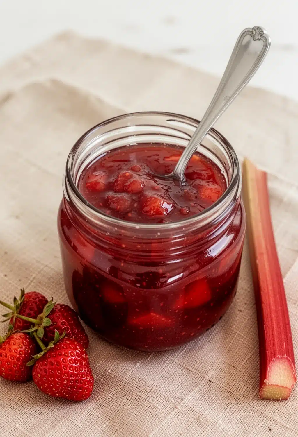 Homemade strawberry rhubarb jam with pectin in a jar with fresh fruit and mint
