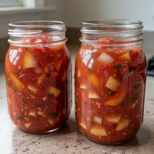 Homemade sweet and spicy salsa for canning in glass jars with fruit and peppers