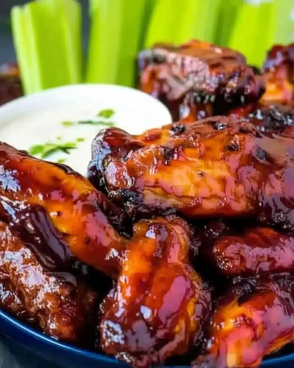 Crispy honey BBQ chicken wings with celery and dipping sauce