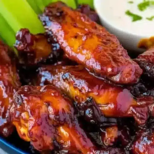 Crispy honey BBQ chicken wings with celery and dipping sauce