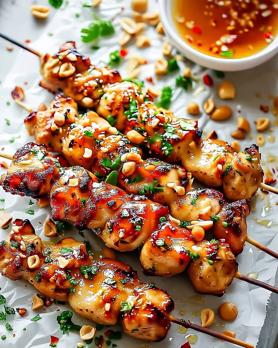 Honey garlic chicken skewers with peanuts and herbs on parchment paper