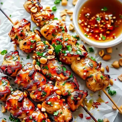 Honey garlic chicken skewers with peanuts and herbs on parchment paper