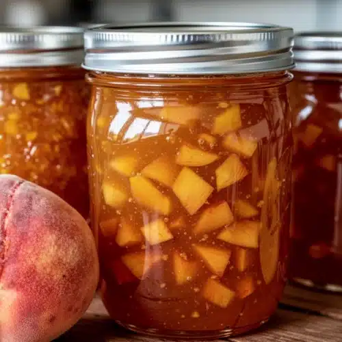 Jars of honey peach preserves with fresh peaches nearby
