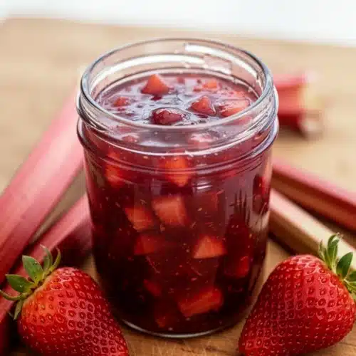 Jello strawberry jam in a glass jar with fresh strawberries and rhubarb