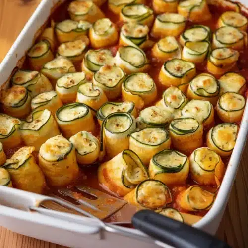 Keto lasagna roll ups with zucchini, cheese, and marinara sauce in a white dish