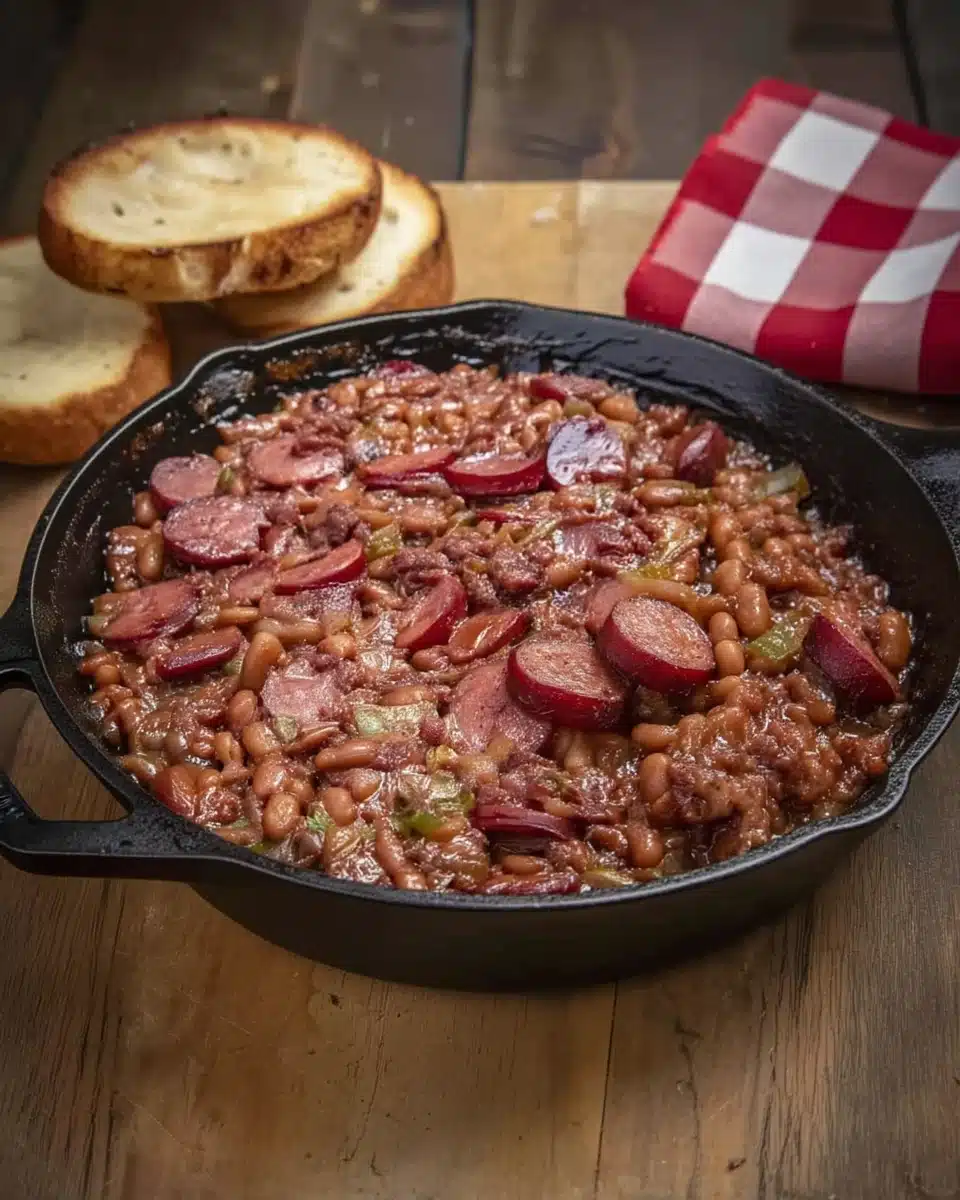 Loaded baked beans with sausage and bacon in a cast iron skillet