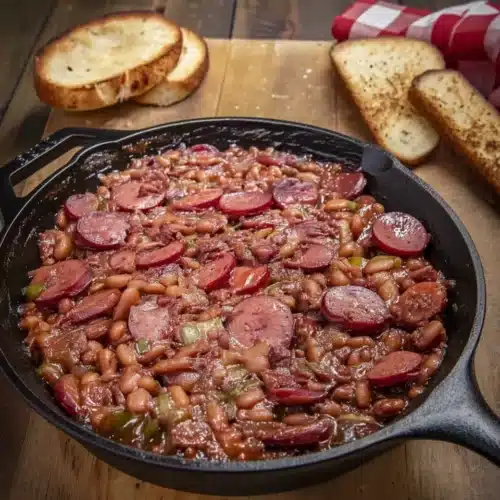 Loaded baked beans with smoked sausage and bacon in a cast iron skillet
