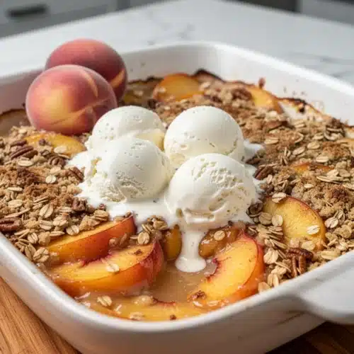 Low calorie peach crisp with oat topping and vanilla ice cream in a white baking dish