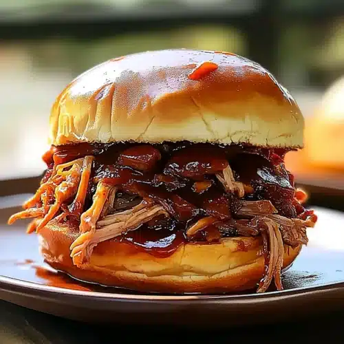 Martha Stewart's pulled pork sandwich with juicy meat and sauce on a bun