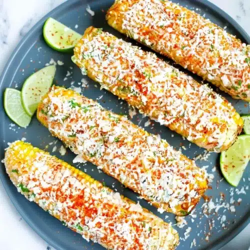 Mexican street corn on a plate with cotija cheese, tajin, and lime