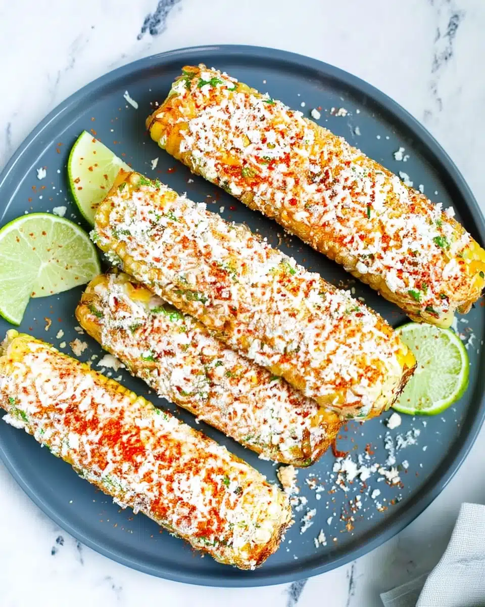 Mexican street corn on a plate with cotija cheese, Tajin, cilantro, and lime wedges