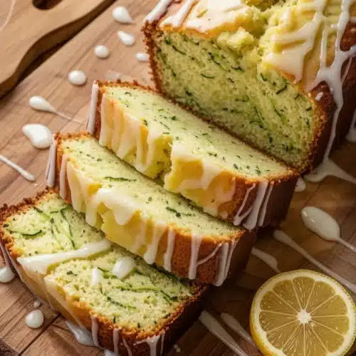 Moist lemon zucchini bread slices with white drizzle and lemon garnish