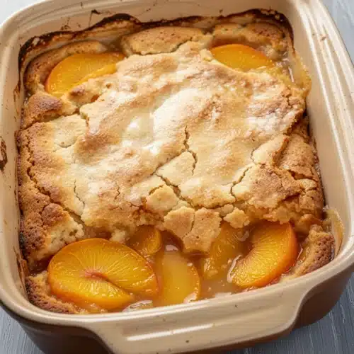 Mom's magic peach cobbler with crispy topping and juicy peaches