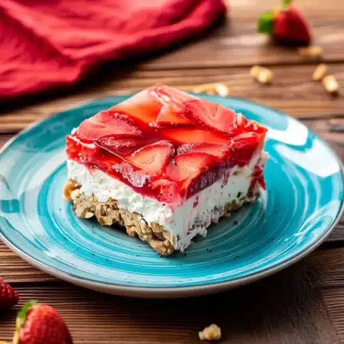 No bake strawberry pretzel salad slice with layers of pretzel crust, cream cheese, and strawberry jello on a blue plate
