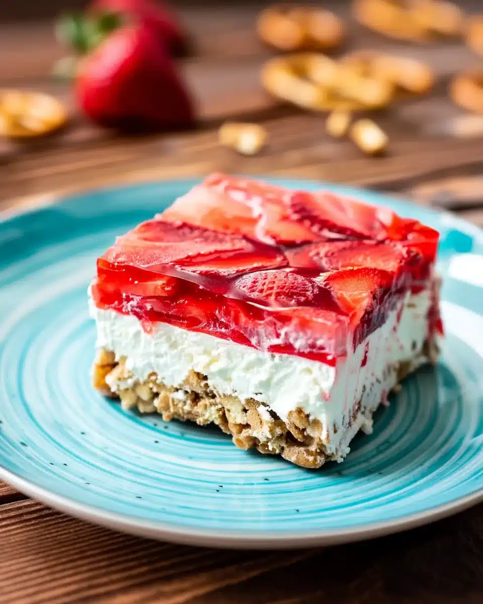 No bake strawberry pretzel salad slice with layered crust, cream cheese, and strawberry jello on a blue plate