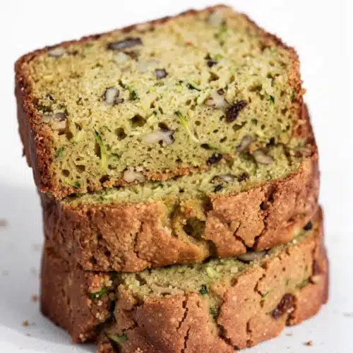 Old fashioned moist zucchini bread with walnuts, sliced and stacked